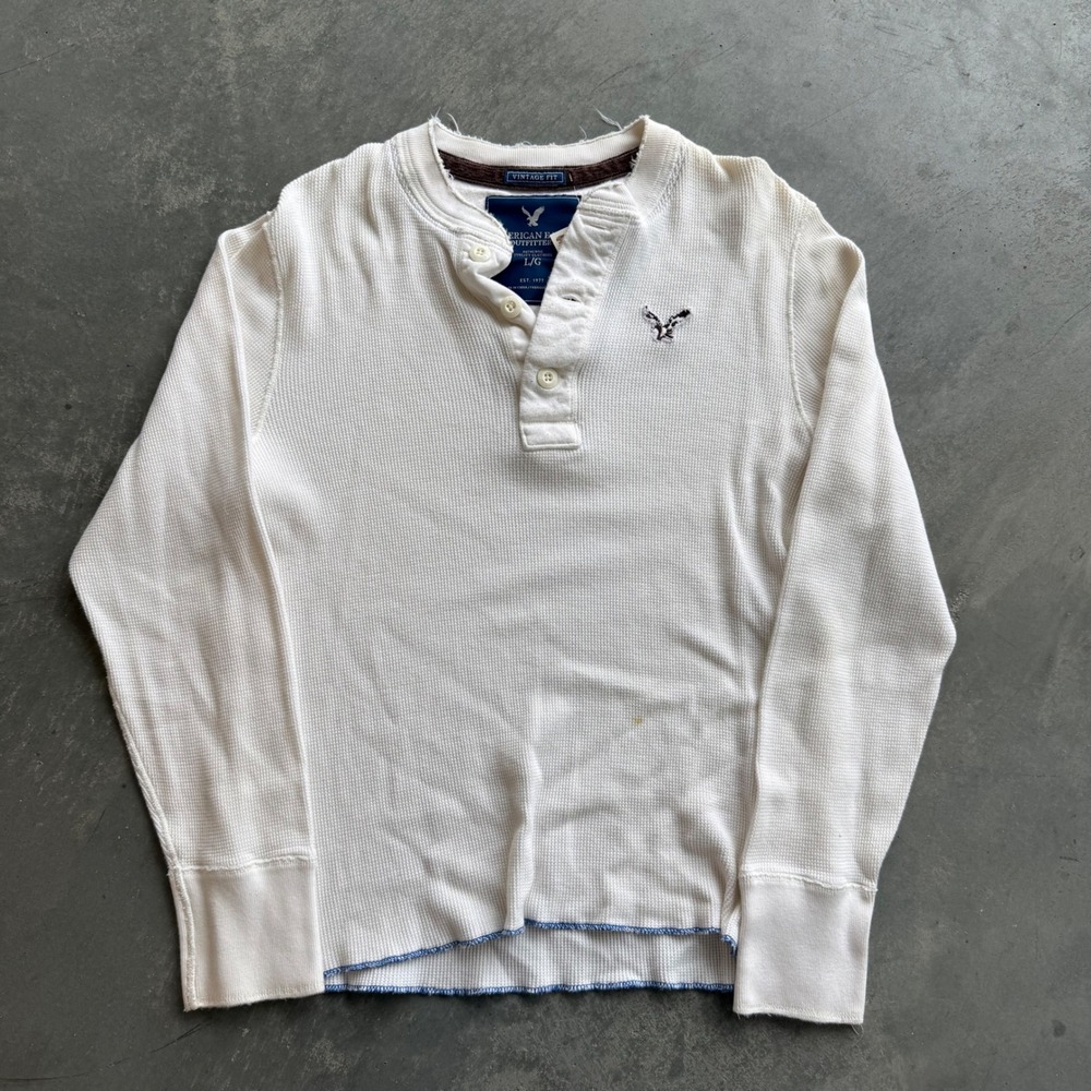 American Eagle Outfitters Mens White Waffle Knit Henley Long Sleeve Shirt L